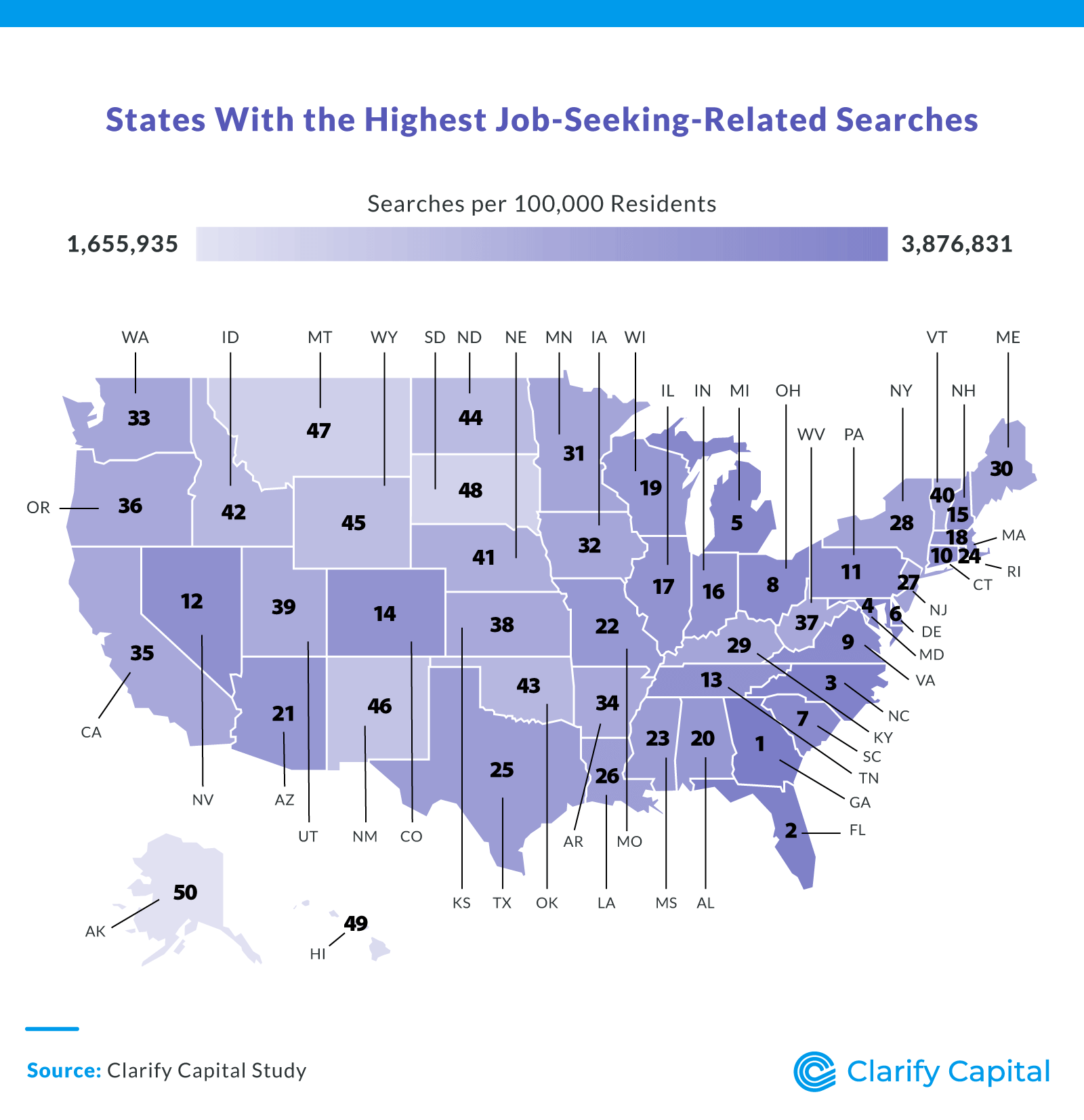 U.S. map showing states ranked by job-seeking-related search volume per 100,000 residents, with Florida, Georgia, and North Carolina topping the list.